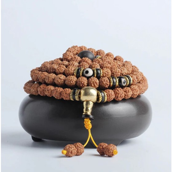 108-Bead Mala Bracelet – Made of Buddha Stone, Red Chalcedony, Bodhi Seeds & Auspicious Buddhist Prayer Beads, for Luck & Wealth
